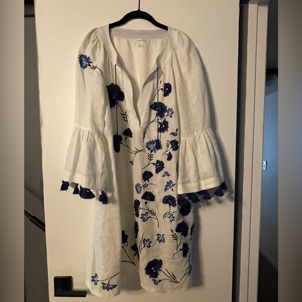 Club Monaco straw embroidery and tassel dress